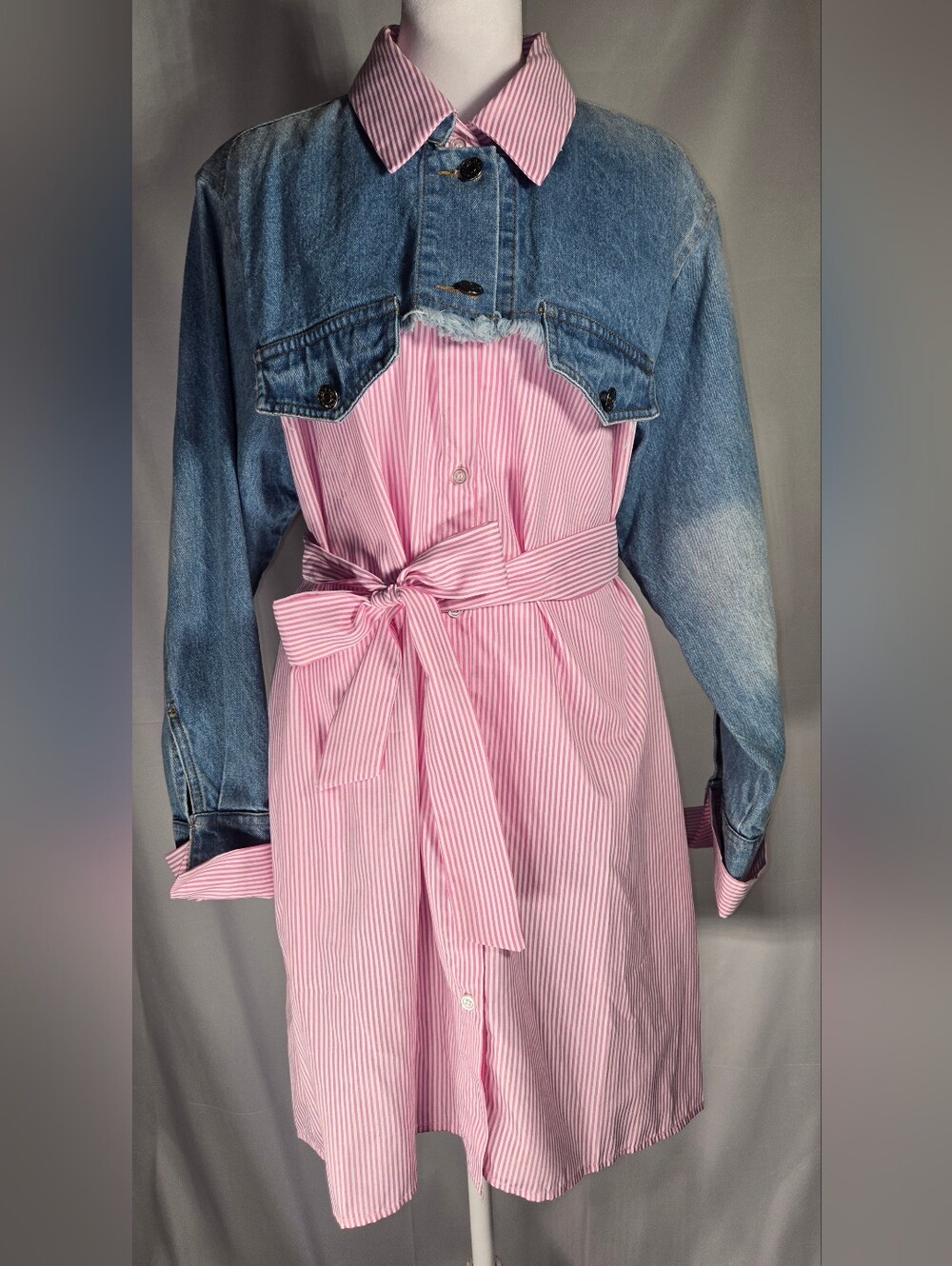 🌸 NWT TOV Holy Los Angeles Mixed Media Denim & Striped Shirt Dress